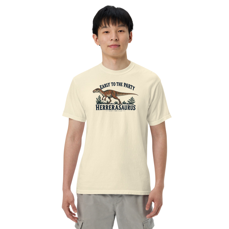 Early to the Party Herrerasaurus Tee supplier-rendered on-body front view in Ivory
