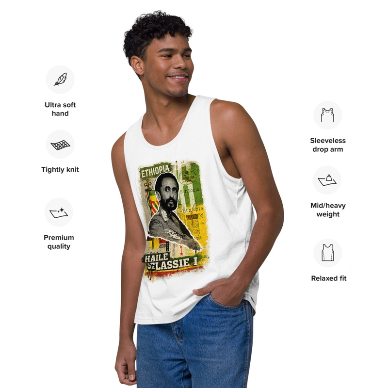 Men’s premium tank top Emperor Haile Selassie I — Imperial Ethiopia Archival Stamp Tee – 3XL, White