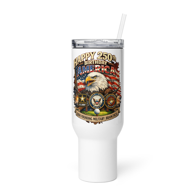 Happy 250th Travel mug with a handle – 40 oz, White