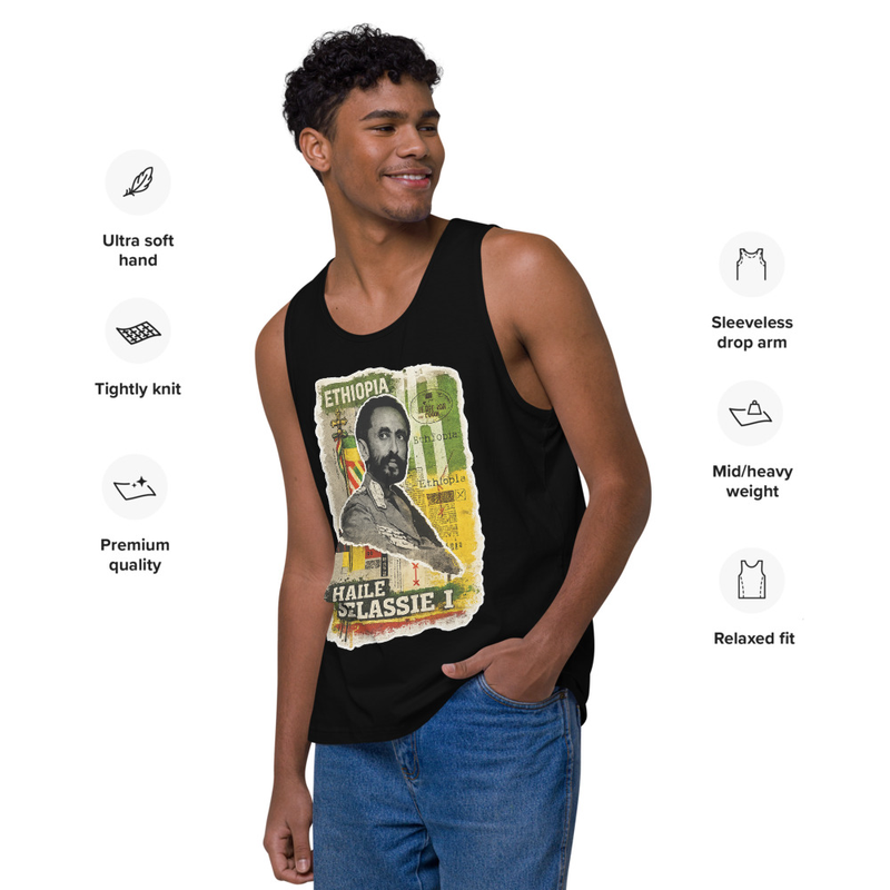 Men’s premium tank top Emperor Haile Selassie I — Imperial Ethiopia Archival Stamp Tee