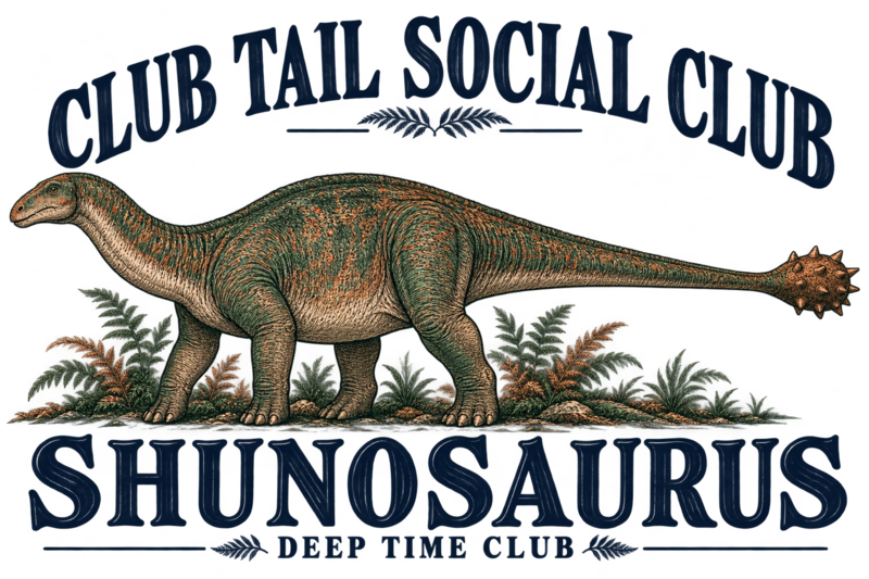 Close view of the original Club Tail Social Club Shunosaurus Tee graphic