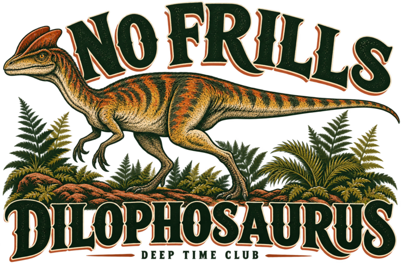 Close view of the original No Frills Dilophosaurus Tee graphic