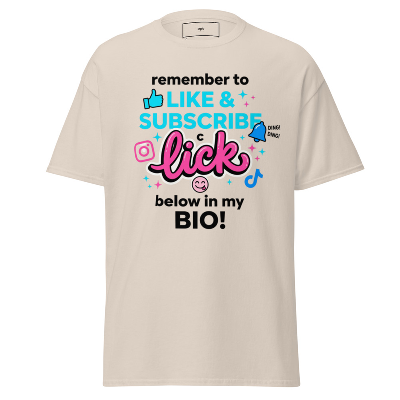 Like Subscribe Lick Bio Shirt | Funny Typo Tee | Content Creator Gift – XL, Natural