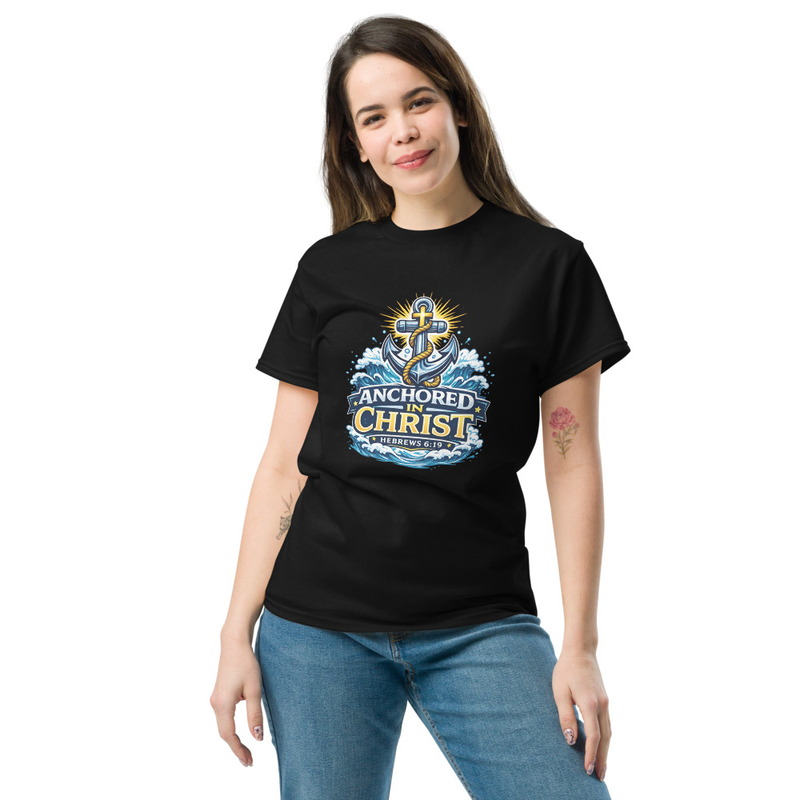 Anchored in Christ – Hebrews 6:19 | Modern Christian Anchor Unisex T-Shirt | Nautical Faith Graphic Tee