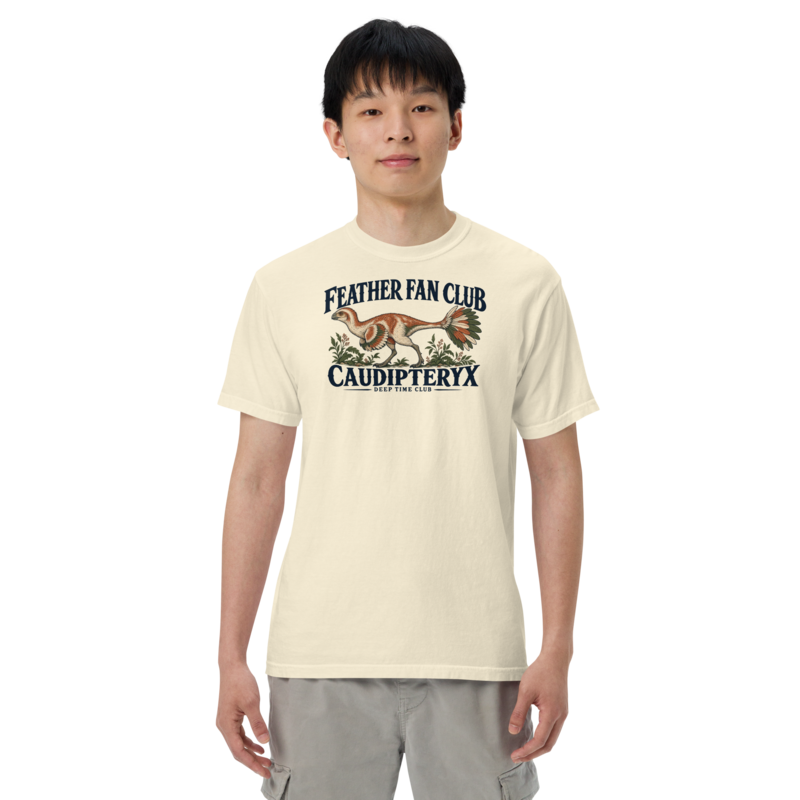 Feather Fan Club Caudipteryx Tee supplier-rendered on-body front view in Ivory