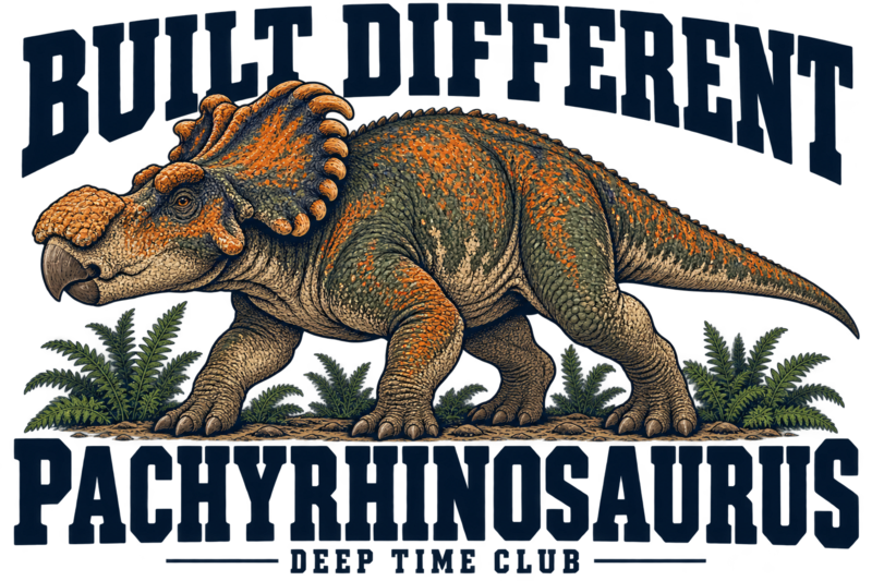 Close view of the original Built Different Pachyrhinosaurus Crewneck graphic