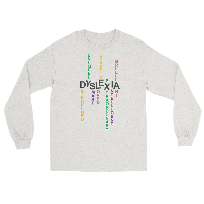 Men’s Long Sleeve Shirt with back print | Dyslexia v2 (Light Colored) – XL, Ash