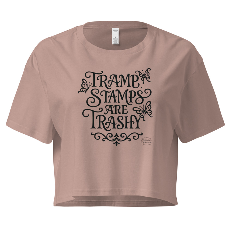 "Tramp Stamps are Trashy" Tramp-Stamped Women’s crop top – XS, Hazy Pink