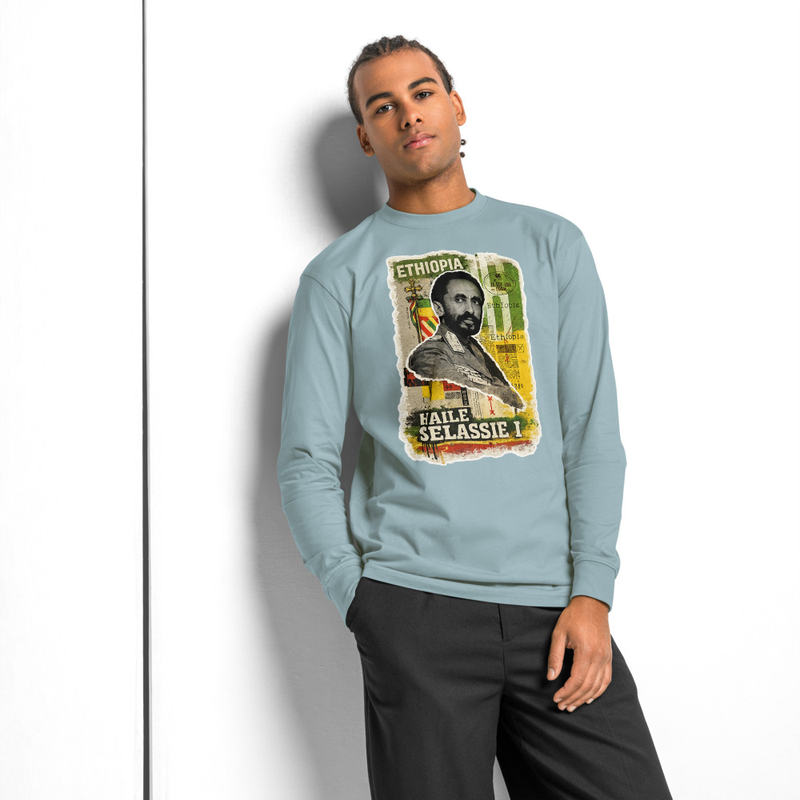 Men's heavyweight long sleeve Tee Emperor Haile Selassie I — Imperial Ethiopia Archival Stamp