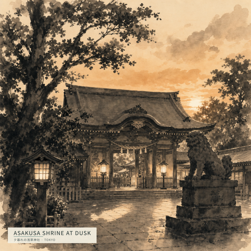 Asakusa Shrine at Dusk(夕暮れの浅草神社)のアートワーク
