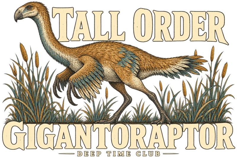 Close view of the original Tall Order Gigantoraptor Crewneck graphic