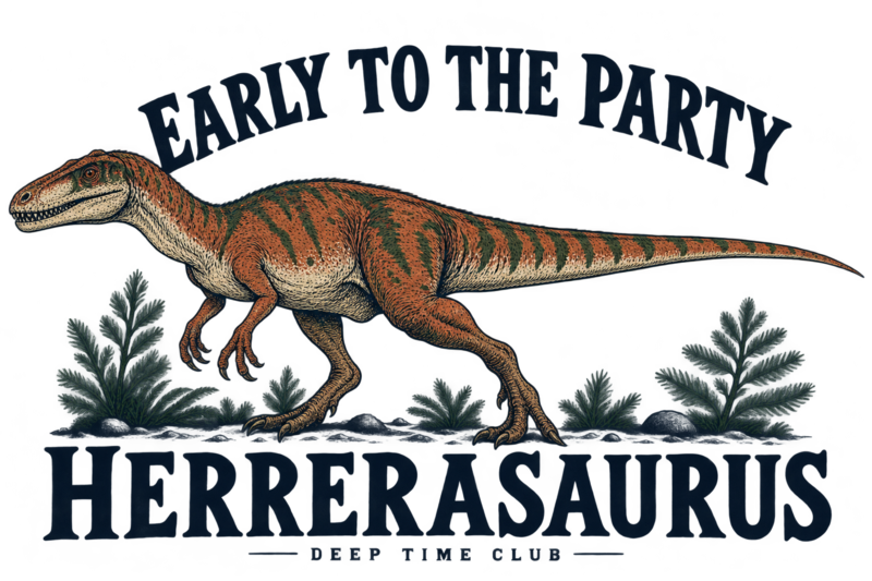 Close view of the original Early to the Party Herrerasaurus Tee graphic