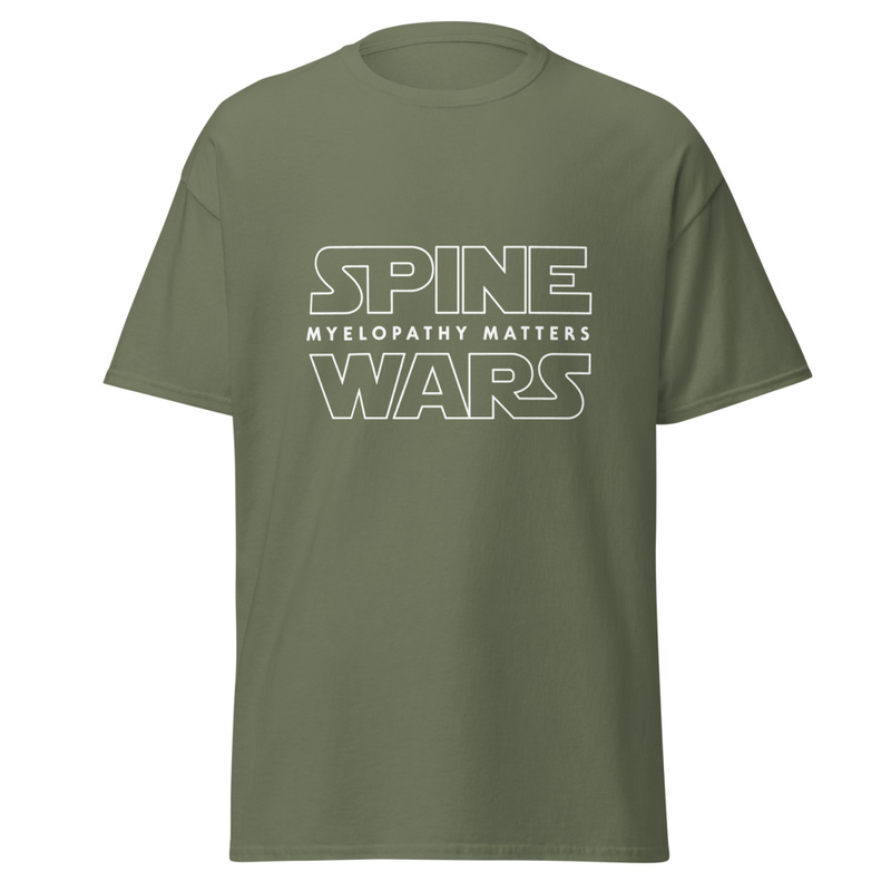 Spine Wars Myelopathy Matters White Print T – M, Military Green