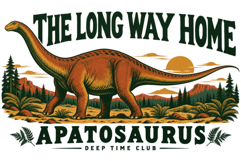 Close view of the original The Long Way Home Apatosaurus Tote graphic