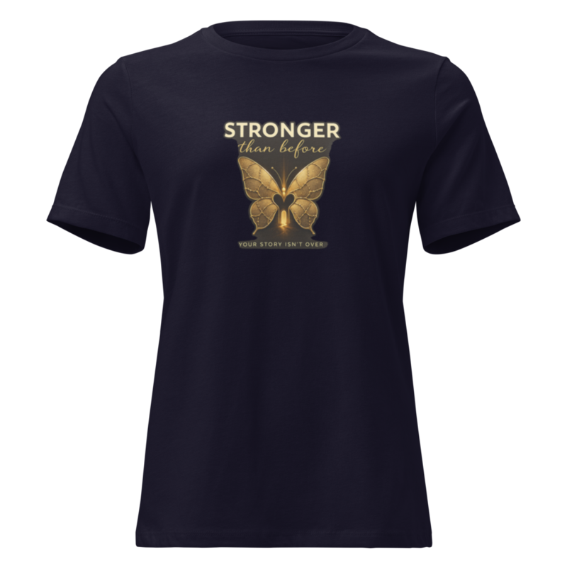 Stronger Than Before Butterfly Tee - "Your Story Isn't Over" Inspirational Women's Shirt – M, Navy