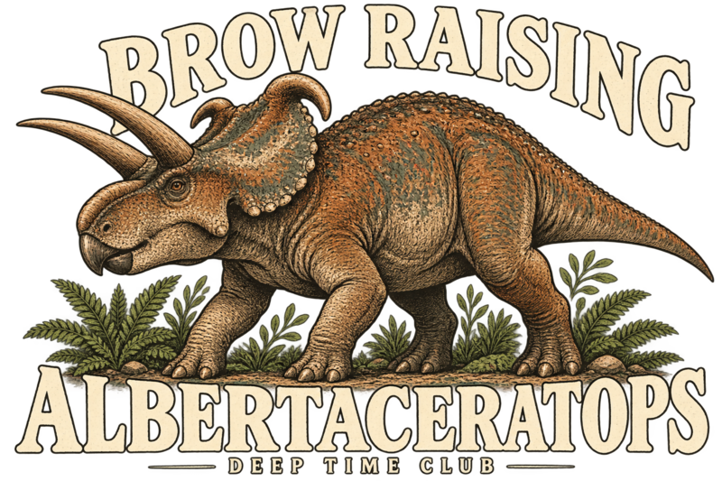 Close view of the original Brow Raising Albertaceratops Crewneck graphic