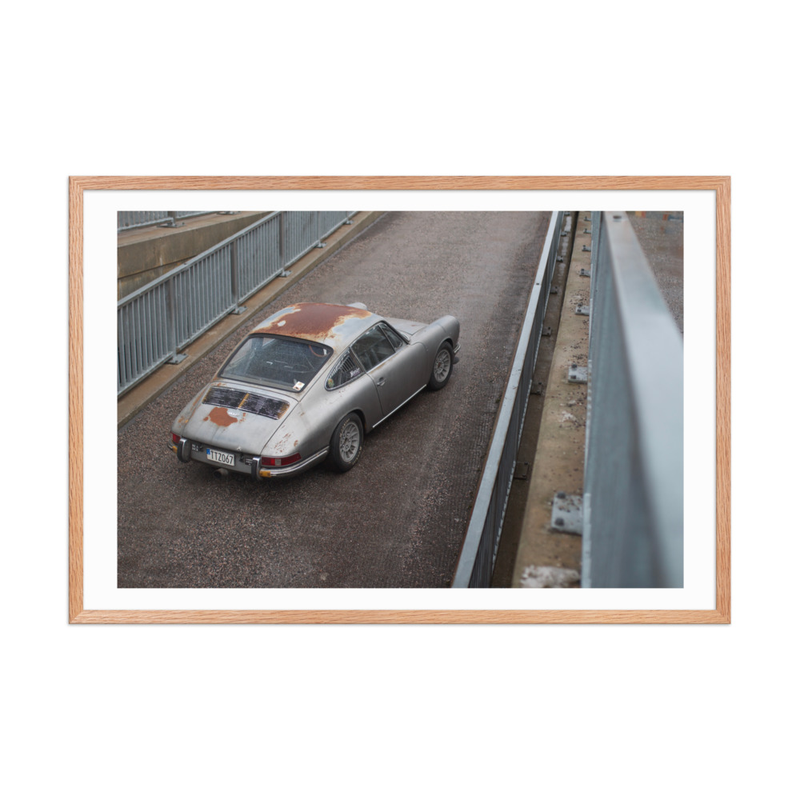 “In Rust I Trust” Porsche 912 Framed Print (in) – 24″×36″, Red Oak
