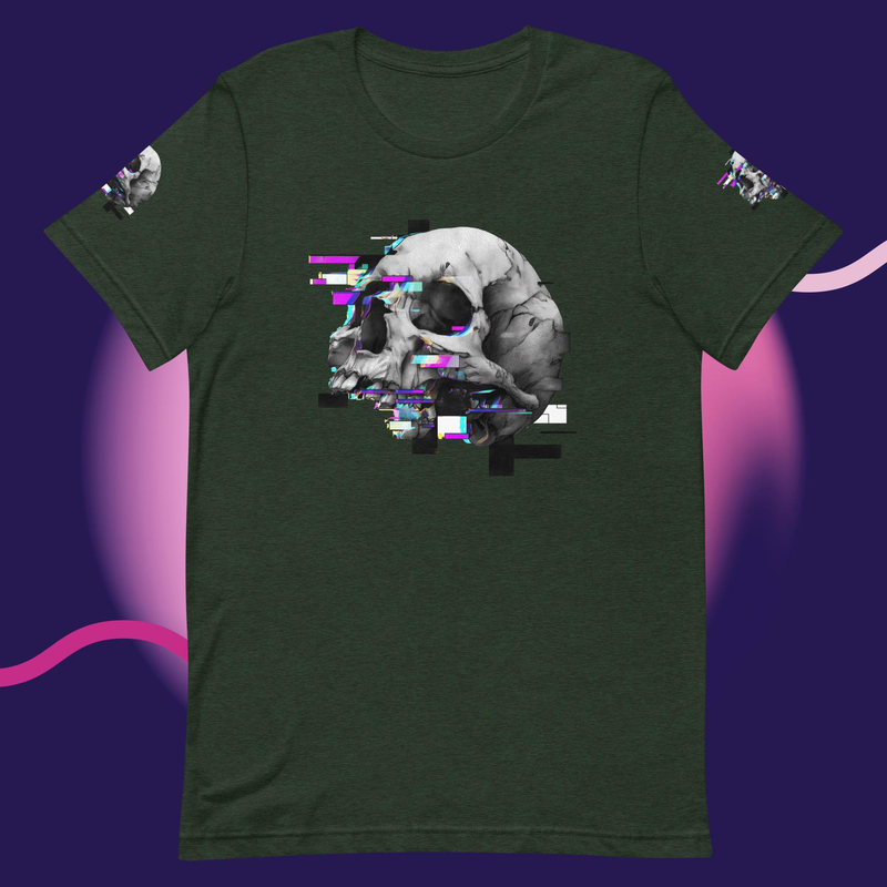 Glitched Skull Tee – Digital Decay Collecti – XL, Heather Emerald