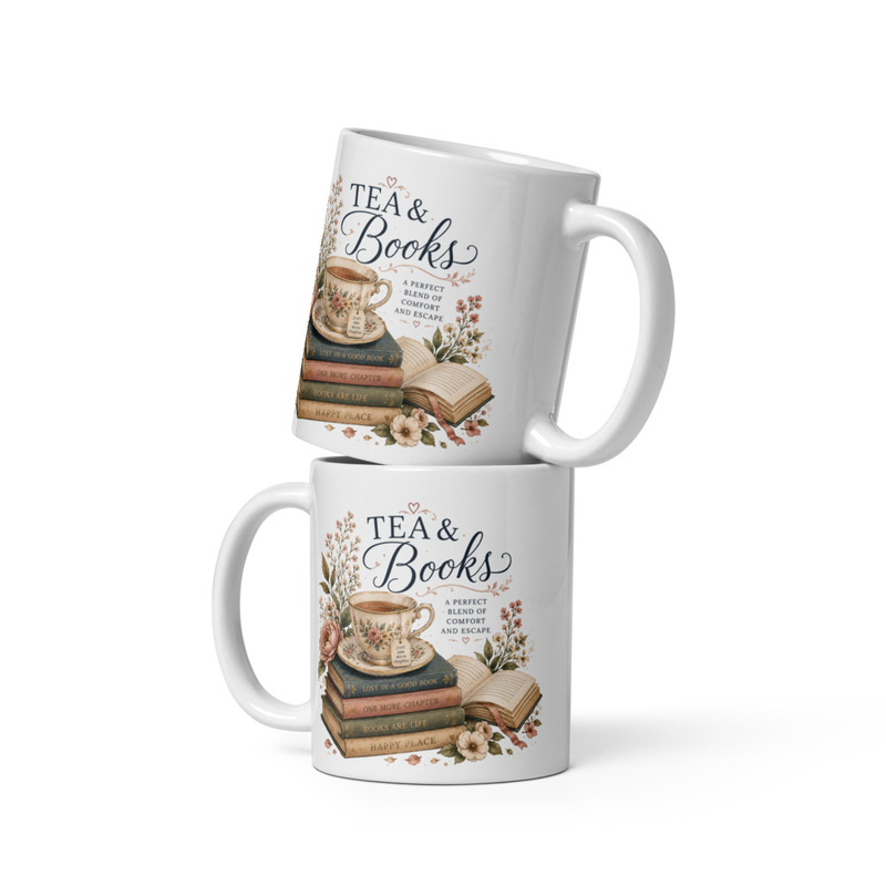 Tea & Books White glossy mug