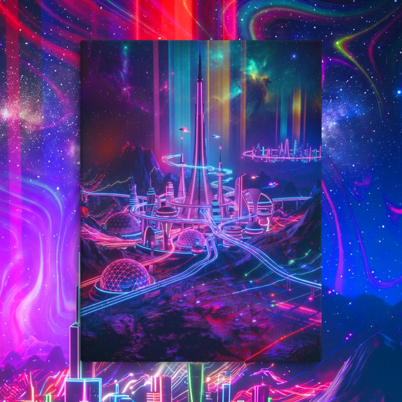 Space Rock Retro Neon City Canvas - Space Rock Retro Neon City Canvas / 24″×32″