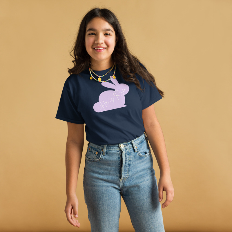 Easter He is Risen Youth T-Shirt | Seasonal Christian Easter Bunny – XS, Navy