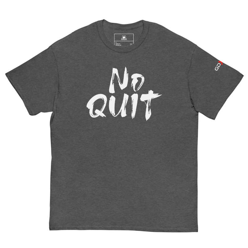 "No Quit" GDXFit Shoulder Unisex Classic Tee (shoulder logo) – S, Dark Heather