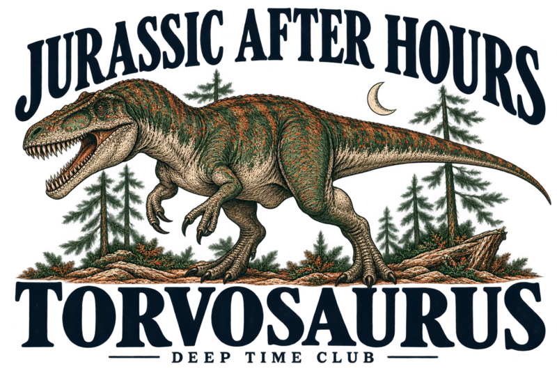 Close view of the original Jurassic After Hours Torvosaurus Tee graphic
