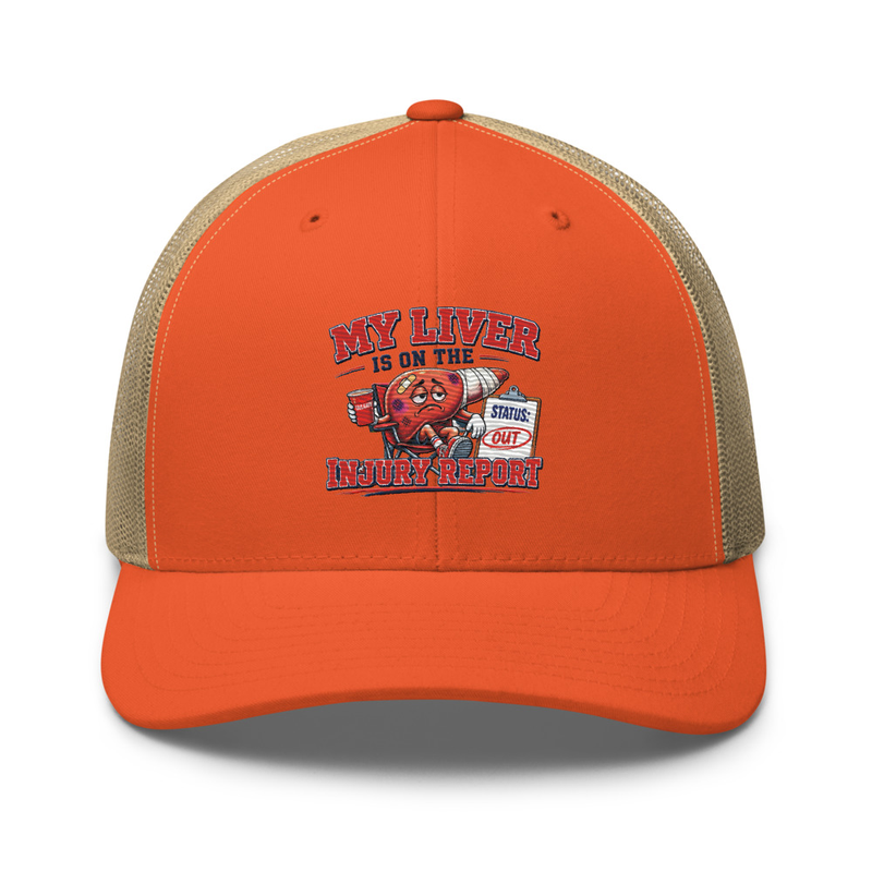 'My Liver is on the Injury Report' Trucker Cap – One size, Rustic Orange/ Khaki