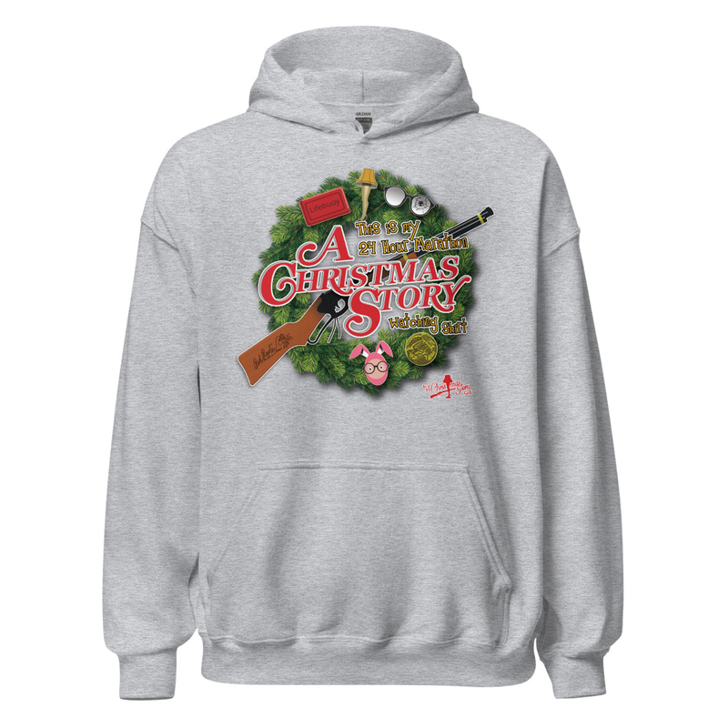 The A Christmas Story Family Wreath Hoodie – A Tribute to the 24-Hour Christmas Marathon – XL, Sport Grey