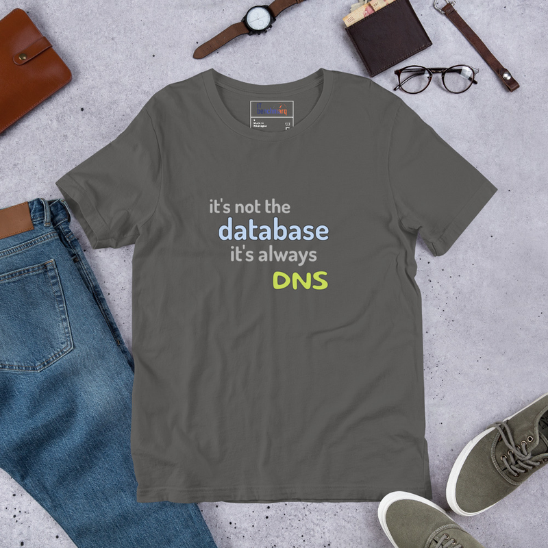 It's Not the Database, It's Always DNS - Funny IT T-Shirt – S, Asphalt