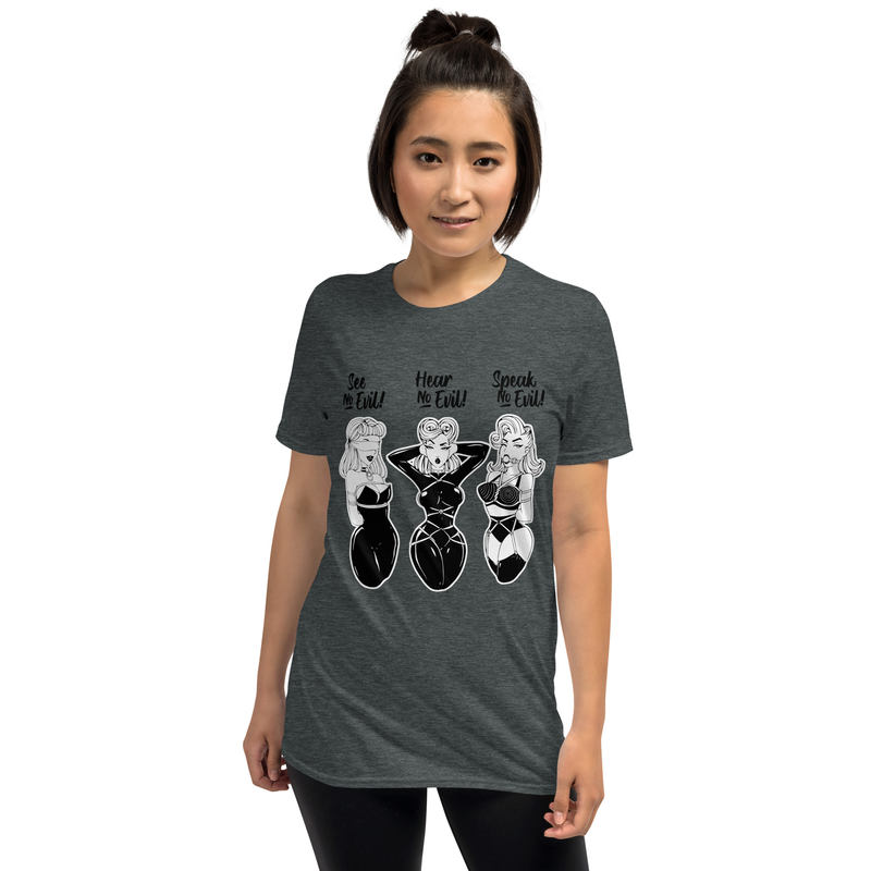 Short-Sleeve Unisex T-Shirt -Bound in Silence - See No Evil, Hear No Evil, Speak No Evil BDSM Trio Unisex T-Shirt
