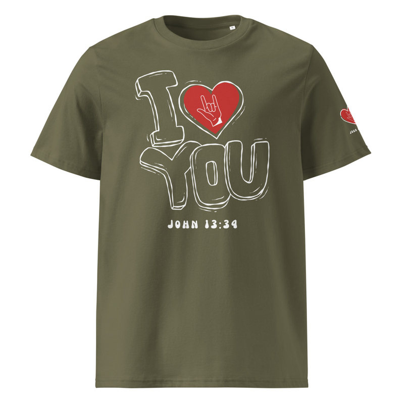 I Love you Unisex organic ribbed neck t-shirt – S, Khaki