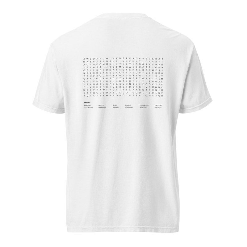 Word Search Tee in white, back view with the printed word search grid