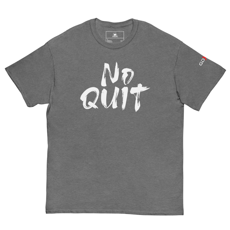 "No Quit" GDXFit Shoulder Unisex Classic Tee (shoulder logo) – S, Graphite Heather