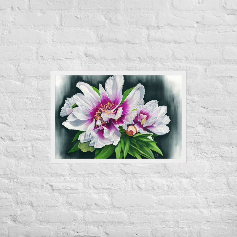 Peony Envy Framed Print – 20″×30″, White