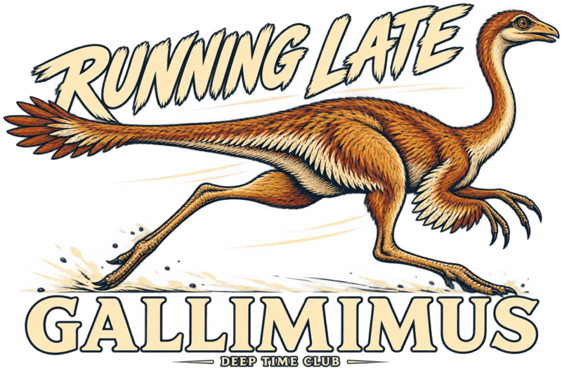 Close view of the original Running Late Gallimimus Long Sleeve graphic