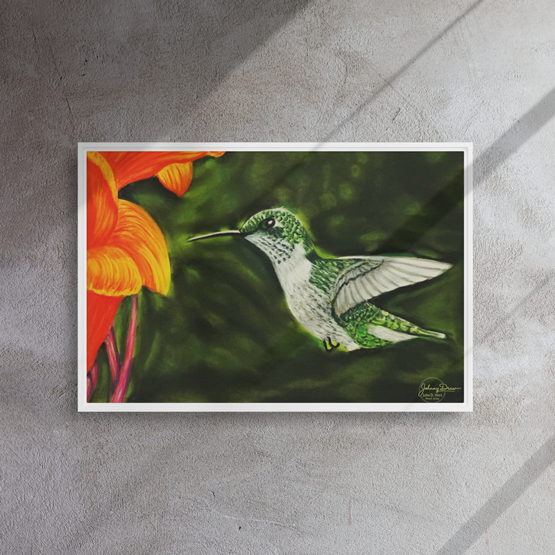 Hummingbird 1 Framed Canvas – 20″×30″, White
