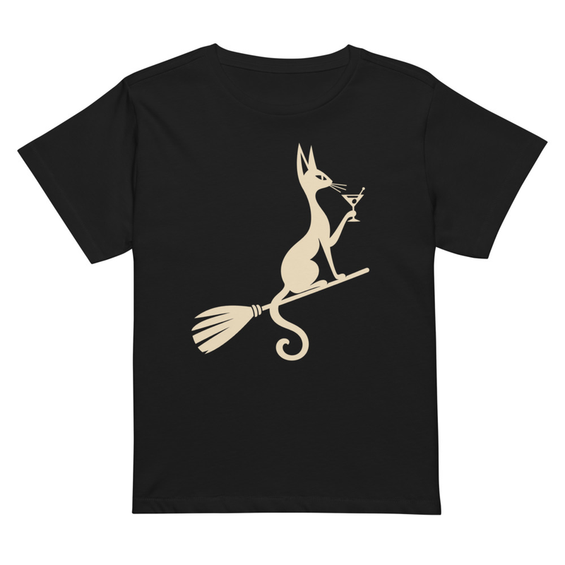 Black Witch Please T-shirt with a cream cat riding a broom and holding a martini glass