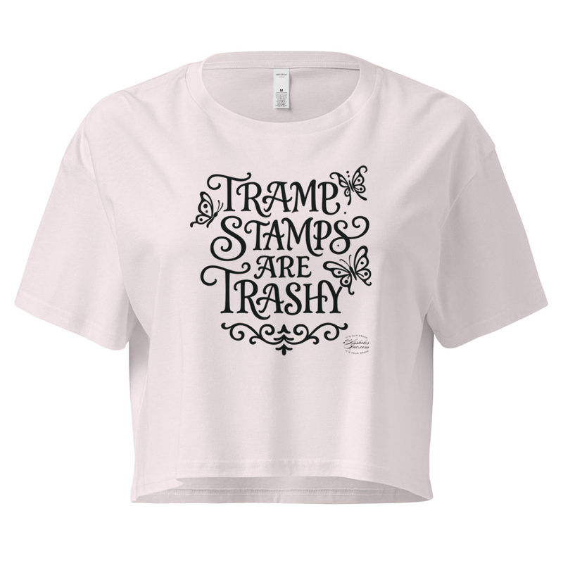 "Tramp Stamps are Trashy" Tramp-Stamped Women’s crop top – S, Orchid