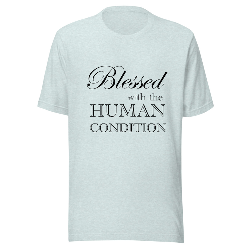 Blessed Unisex T-Shirt Black Letters – S, Heather Prism Ice Blue