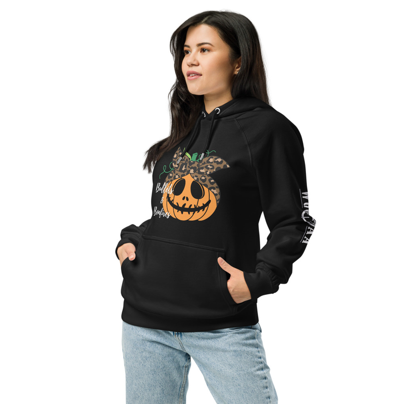 Bullets & Bonfires Pumpkin Two-Sided Unisex eco raglan hoodie
