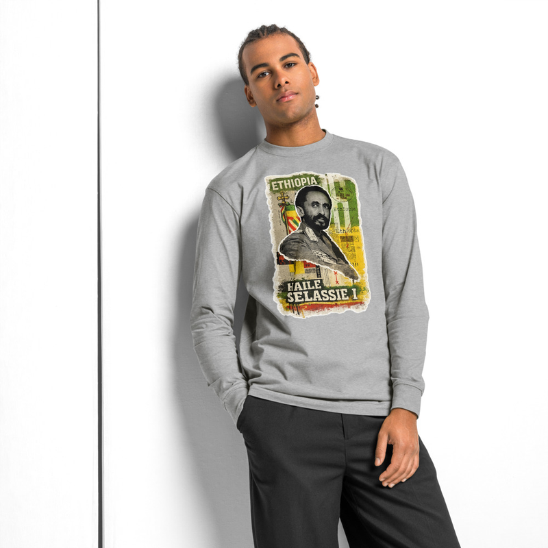 Men's heavyweight long sleeve Tee Emperor Haile Selassie I — Imperial Ethiopia Archival Stamp – 3XL, Carbon Grey