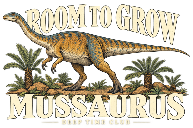 Close view of the original Room to Grow Mussaurus Crewneck graphic