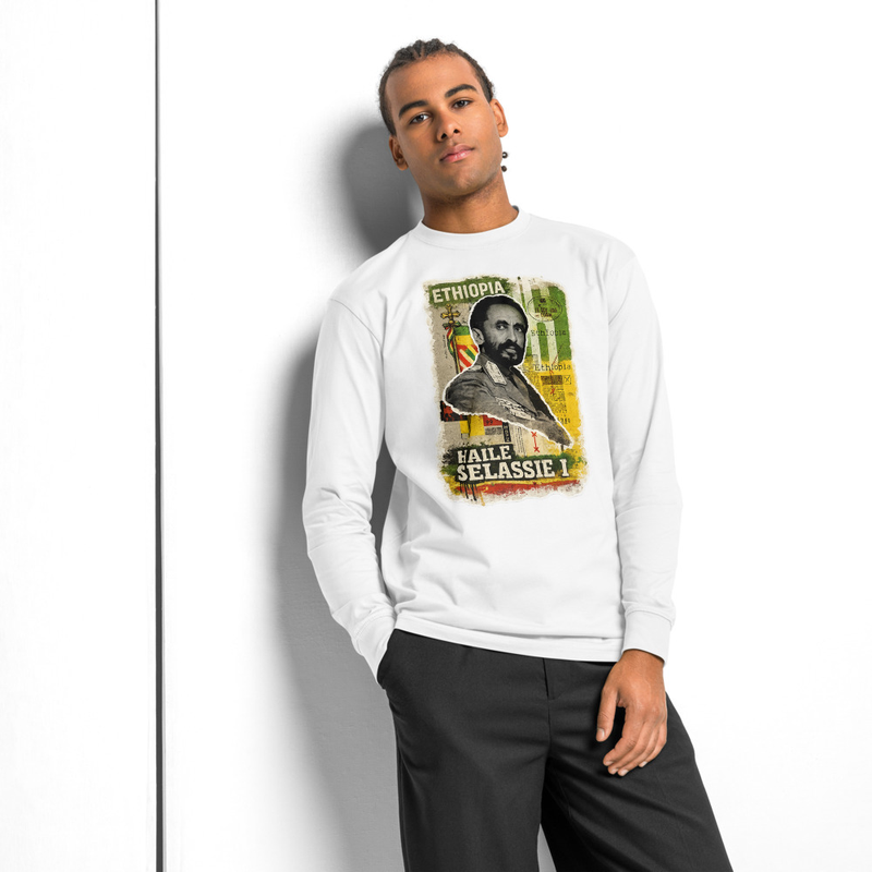 Men's heavyweight long sleeve Tee Emperor Haile Selassie I — Imperial Ethiopia Archival Stamp – 3XL, White