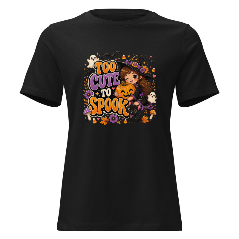 Halloween T-Shirt, Too Cute to Spook Witch Girl Pumpkin Cat Halloween Graphic Tee – view 3
