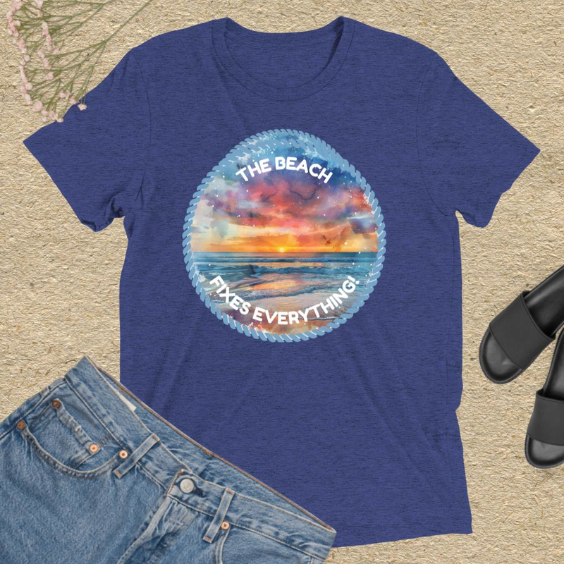 The Beach Fixes Everything Watercolor Sunset T-shirt – M, Navy Triblend