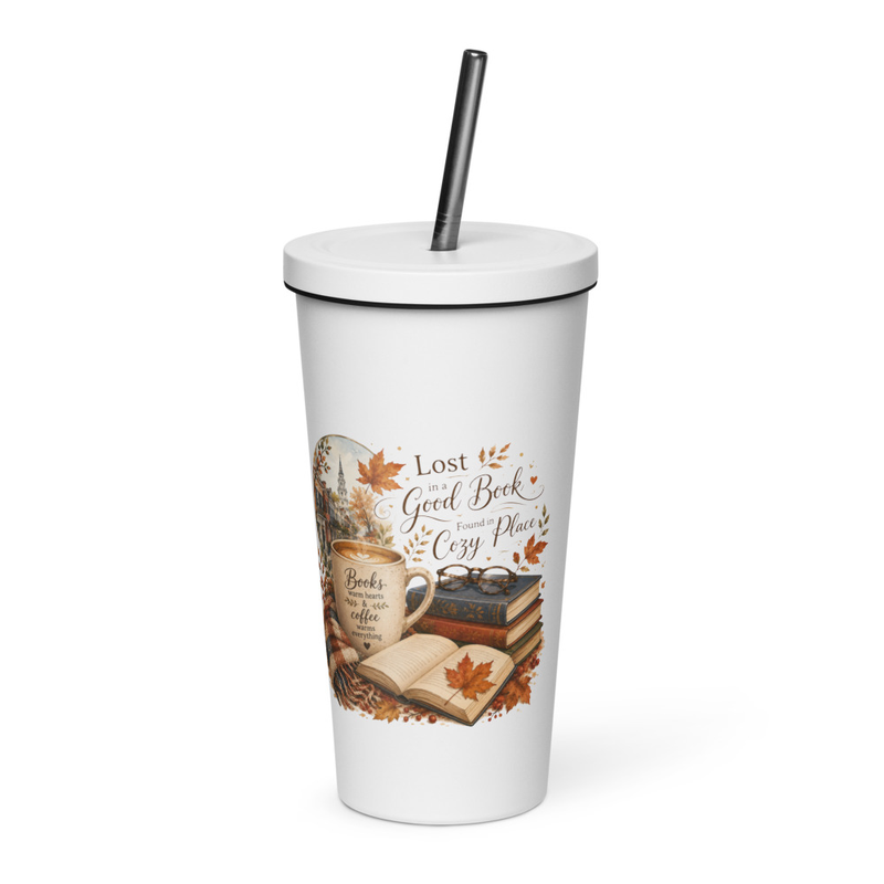Lost in a Book Insulated tumbler with a straw – 20 oz, White