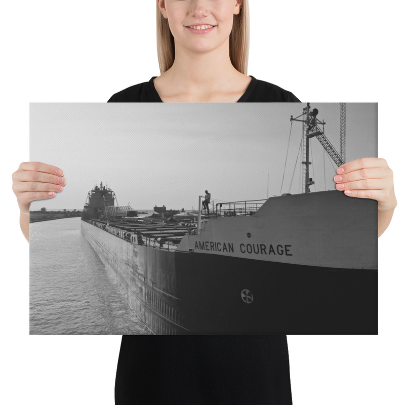 Freighter with Worker Arriving at Port Lorain B&W