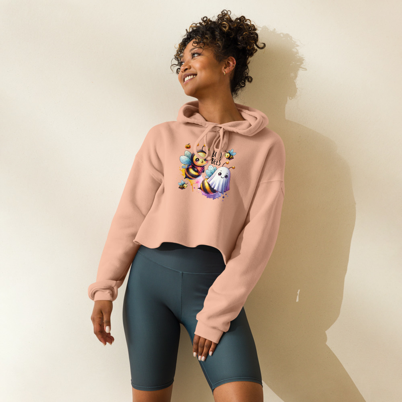 Cute Halloween Bee and Ghost Crop Hoodie Design, Kawaii Spooky Season Graphic