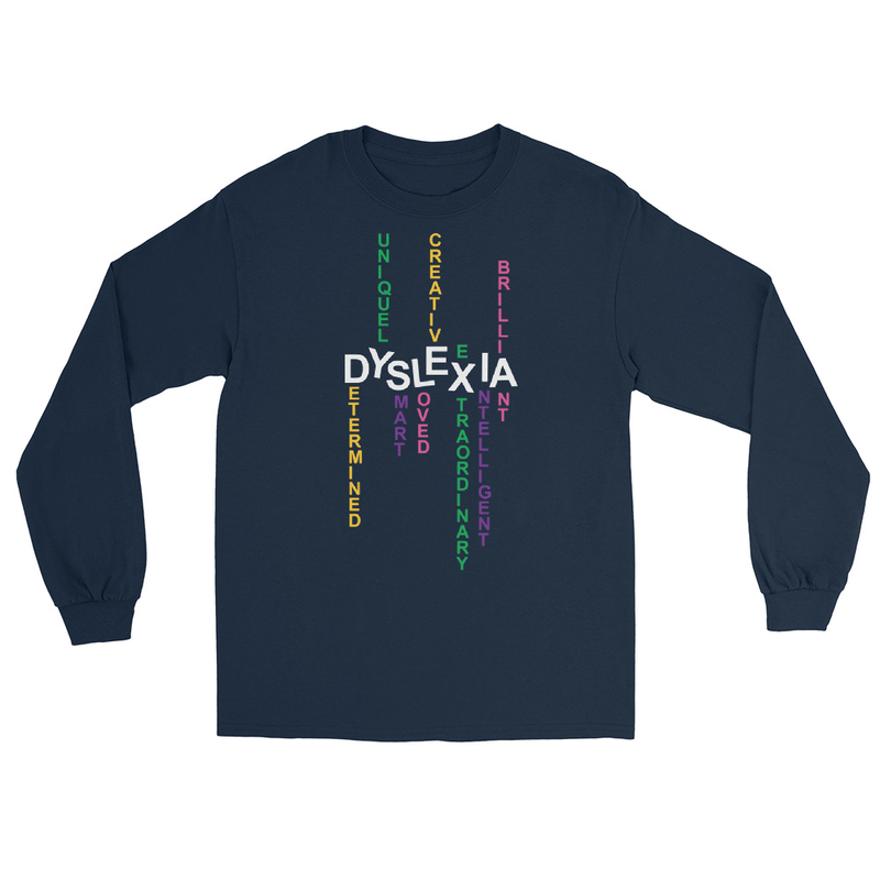 Men’s Long Sleeve Shirt with back print | Dyslexia v2 (Dark Colored) – XL, Navy